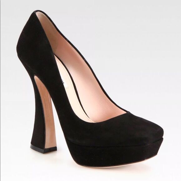 Miu Miu Women’s Black Suede Curved Heel Platform Pump size 36.5/6.5 Black Witchy - Picture 1 of 9